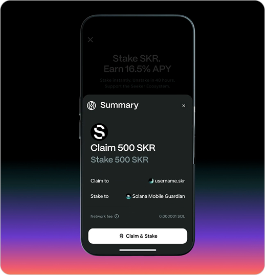 The image shows a mobile wallet interface for staking SKR tokens, displaying a summary screen to "Claim 500 SKR" and "Stake 500 SKR" to a username.skr address via the Solana Mobile Guardian, with a network fee of 0.000001 SOL. The background promotes "Stake SKR, Earn 16.5% APY" with up to 48-hour unstaking, visually supporting the post's announcement about Round 2 Summer Seeker reward claims where users can claim or stake their SKR allocations.
