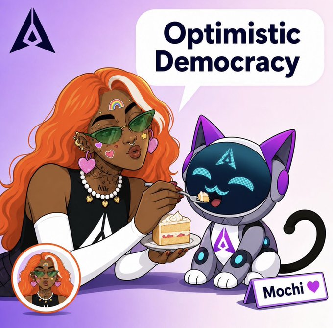 Artwork titled 'Optimistic Democracy' showing a stylized cartoon woman feeding cake to a purple cat-like robot named 'Mochi', with an 'A' logo in the corner.