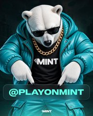 A digital illustration features a bear mascot wearing sunglasses, a gold chain, and a teal puffer jacket over a black 'MINT' shirt, with the text '@PLAYONMINT' displayed prominently.