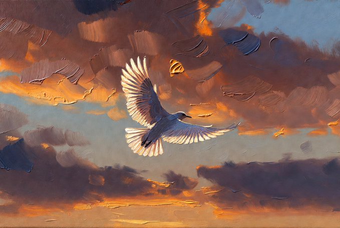 A white bird soars through a vibrant, impasto-styled sky of orange and blue clouds, its wings outstretched in graceful flight, beautifully illustrating the post's sentiment that art evokes feeling beyond mere appearance.