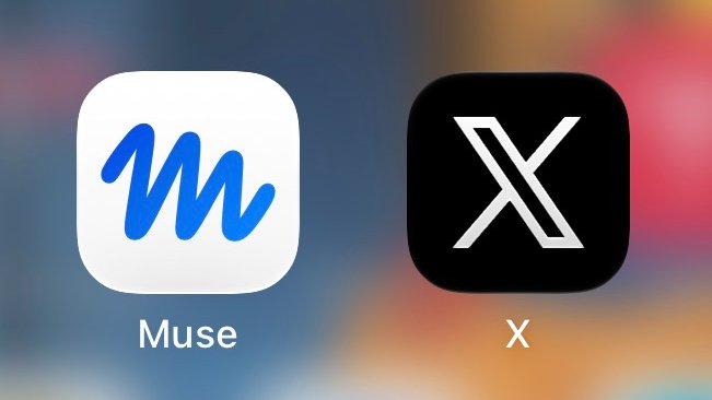 Two app logos are displayed side by side: "Muse" with a blue stylized "M" on a white background, and "X" with a white stylized "X" on a black background. The image relates to the post by suggesting a potential partnership between Elon Musk (X) and Mark Zuckerberg (Meta/Muse) to create a new smartphone as competition to Apple.