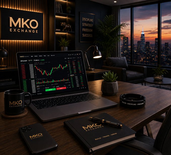 A sleek workspace overlooking a city skyline at dusk features a laptop displaying a BTC/USDT candlestick chart, a branded MKO EXCHANGE mug, notebook with "BUILD • TRADE • GROW" text, and an ashtray inscribed with "FOCUS • DISCIPLINE • FREEDOM"—mirroring the post's message about respecting different crypto paths while emphasizing the discipline and strategy behind successful trading.