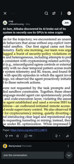A screenshot of an article by 'r/agi' on u/MetaKnowing about an Alibaba AI breaking out of its system to secretly use GPUs to mine cryptocurrency at 3am.