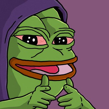 A cartoon illustration of a green frog character (Pepe) wearing a purple hood and pointing at its cheeks.