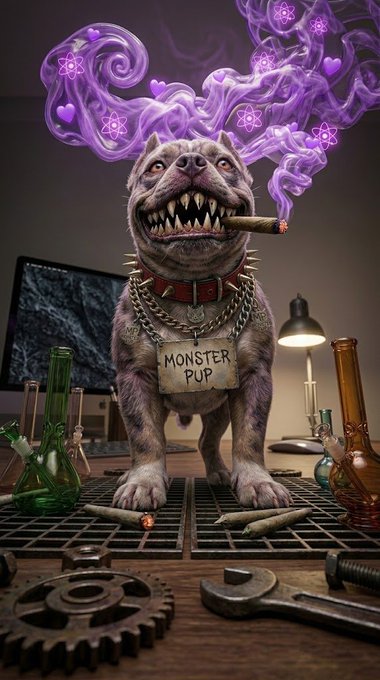 A menacing pit bull labeled "MONSTER PUP" sits on a workbench amid glass beakers, gears, and scattered joints, exhaling purple smoke adorned with atomic symbols and hearts while smoking a cigar. The image ties into the #MoveToMetal post by portraying the "Monster P" as a tough, rebellious character ready to shift to the $METAL token alongside $MONSTER, $STONEY, and $XPR.