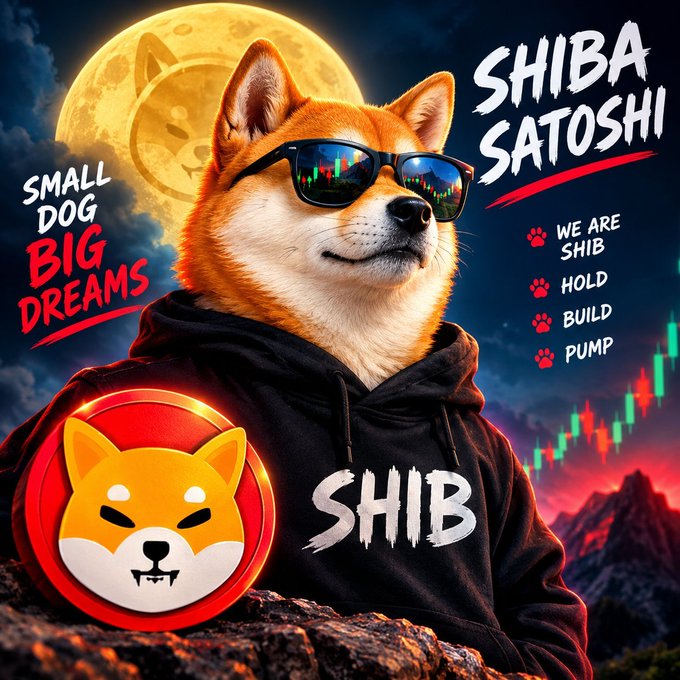 A Shiba Inu wearing sunglasses and a "SHIB" hoodie appears against a moonlit backdrop featuring a Bitcoin-styled logo, a Shiba coin emblem, and a stock chart, with text reading "SHIBA SATOSHI," "SMALL DOG BIG DREAMS," and "WE ARE SHIB, HOLD, BUILD, PUMP." The image visually unites the Bitcoin and SHIB legacies highlighted in the caption, symbolizing the parallel decentralized revolutions sparked by Satoshi and Ryoshi.