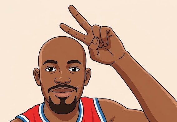 An illustrated cartoon-style portrait of a bald man with a goatee wearing a red jersey, holding up a peace sign gesture.