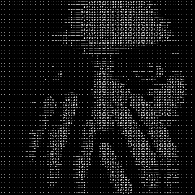 An ASCII art portrait of a man created using symbols like @, #, and 5 on a black background.