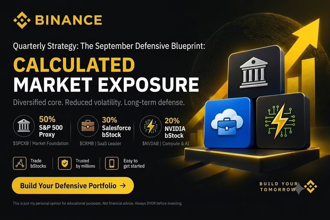 A Binance promotional banner titled 'Quarterly Strategy: The September Defensive Blueprint: CALCULATED MARKET EXPOSURE' featuring an asset allocation of 50% S&P 500 Proxy ($SPXB), 30% Salesforce bStock ($CRMB), and 20% NVIDIA bStock ($NVDAB), with a 'Build Your Defensive Portfolio' call to action.