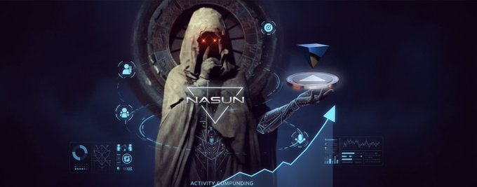 A dark, futuristic promotional graphic featuring a hooded figure with glowing red eyes and the text 'NASUN' and 'ACTIVITY POUNDING' surrounded by tech interface elements.