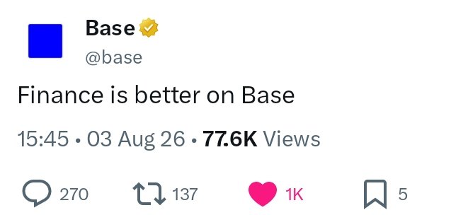 A tweet from Base (@base) reads 'Finance is better on Base,' posted on 03 Aug 26 at 15:45, with 77.6K views, 270 comments, 137 reposts, and 1K likes.