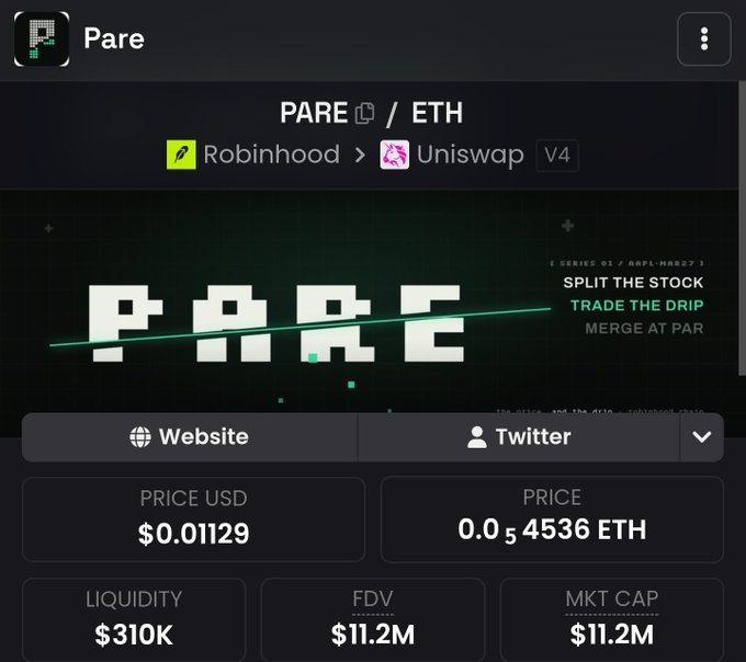 The image displays a token tracker page for "PARE" (PARE/ETH), showing a price of $0.01129, liquidity of $310K, and a market cap of $11.2M, listed on Uniswap V4 via Robinhood. This supports the post's bullish claim that $PARE is positioned for a significant market cap increase to $50M this week.