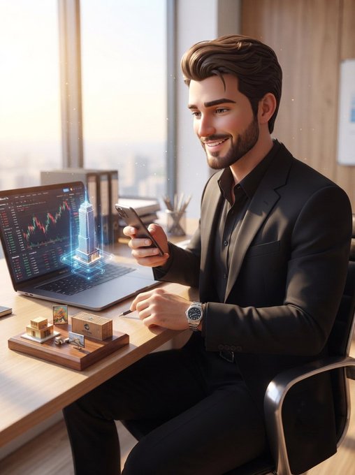 A 3D-rendered illustration of a smiling bearded man in a black suit sitting at a desk, looking at his phone, with a laptop displaying a financial chart and a miniature building model in front of him.