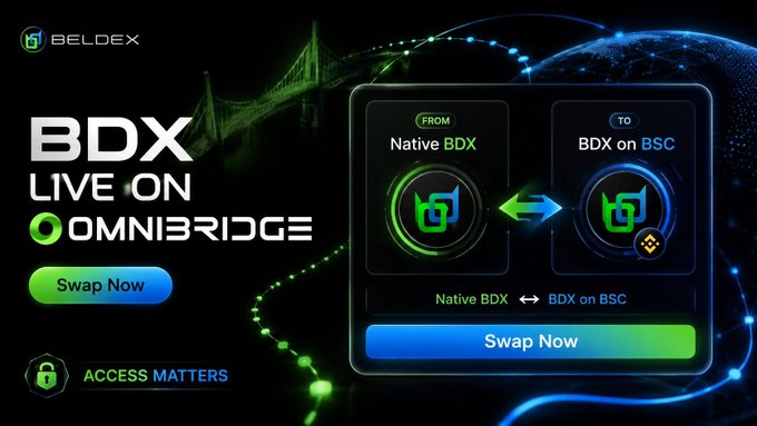 A Beldex advertisement announcing 'BDX LIVE ON OMNIBRIDGE' with a 'Swap Now' button for converting Native BDX to BDX on BSC.