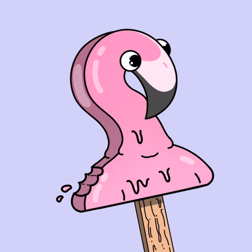 A cartoon illustration of a pink flamingo-shaped popsicle on a wooden stick, with a bite taken out of its side and a distressed facial expression, set against a light purple background.