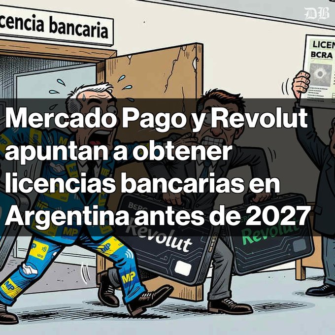 A cartoon illustration from The Wall Street Journal (WSJ logo visible) showing two men in suits fighting over credit cards labeled 'Revolut' and 'Mercado Pago,' with Spanish text reading 'Mercado Pago y Revolut apuntan a obtener licencias bancarias en Argentina antes de 2027'.