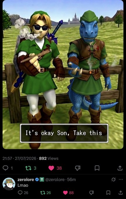 A viral meme features Link from Zelda smoking a cigarette next to a blue anthropomorphic dinosaur in green attire, with the caption "It's okay Son, Take this" — humorously depicting the "blue dinosaur" overload story. The post from @zerolore (892 views, 38 likes) simply says "Lmao," indicating his amused reaction to the absurd $FEFER network overload narrative.