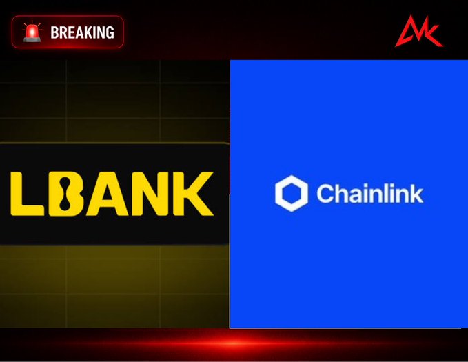 A news-style graphic with a 'BREAKING' tag showing the logos for 'LBANK' and 'Chainlink', with an 'MK' logo in the top right.