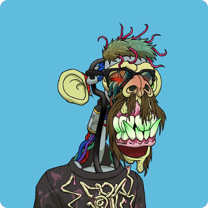 A cartoon-style illustration of a grotesque, cybernetically enhanced character with exposed teeth and wires against a blue background.
