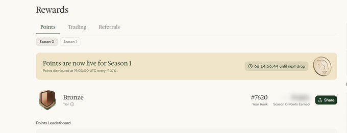 A rewards dashboard screenshot showing 'Points are now live for Season 1,' with the user at 'Bronze' tier rank #7620 and a countdown of '6d 14:56:44 until next drop.'