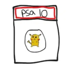 Hand-drawn sketch of a PSA 10 graded Pokémon card sleeve featuring a Pikachu illustration.
