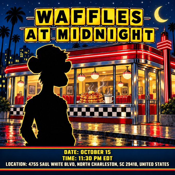 A colorful poster titled 'WAFFLES AT MIDNIGHT' advertises an event on October 15 at 11:30 PM EDT in North Charleston, SC, featuring a retro diner and a silhouetted figure.