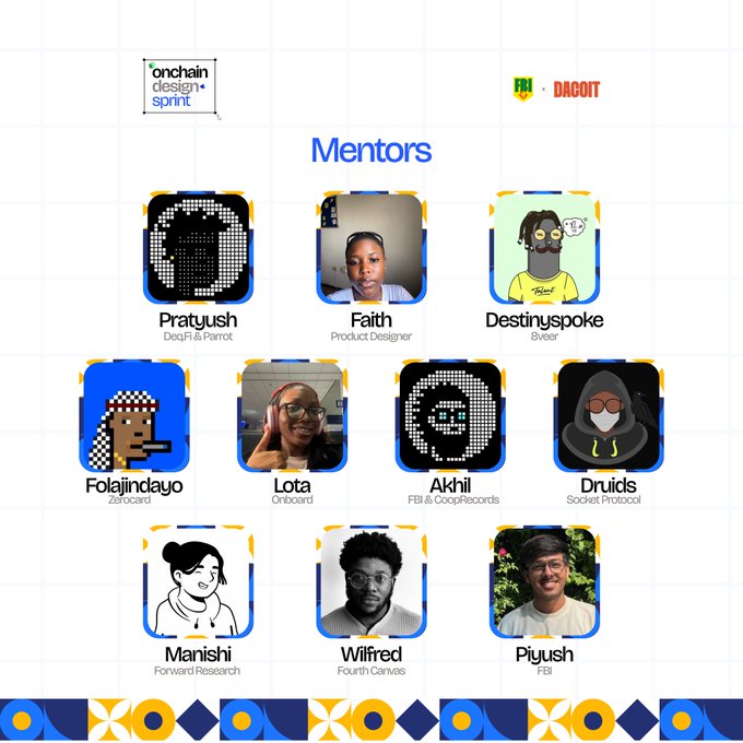 Graphic displaying mentors for the "Onchain Design Sprint" event, including Pratyush (DesFi & Parrot), Faith, Akhil, and others.