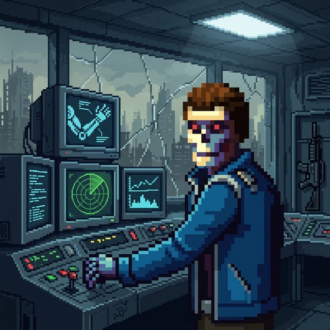 A pixel art illustration depicts a figure with red glowing eyes and a blue jacket standing at a control console with multiple monitors displaying radar and data, set against a backdrop of a dystopian city skyline through cracked windows.