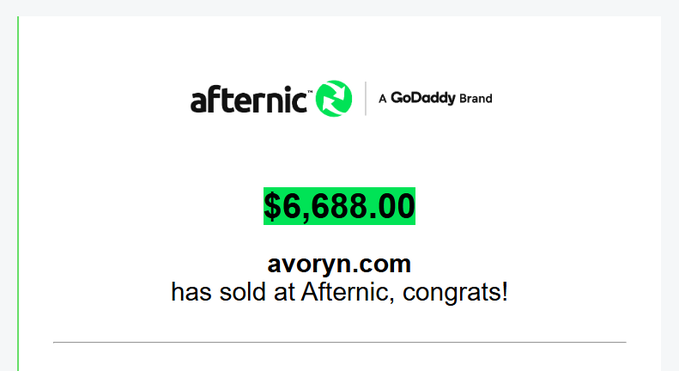 An Afternic (A GoDaddy Brand) sale notification showing that the domain avoryn.com has sold for $6,688.00, with the price highlighted in green.