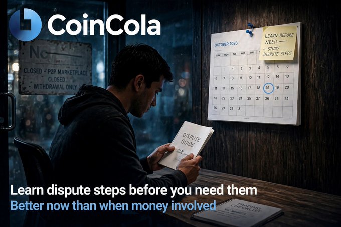CoinCola advertisement showing a man reading a 'Dispute Guide' at a desk, with a calendar marked and a sticky note reading 'Learn before need — study dispute steps' alongside the tagline 'Learn dispute steps before you need them. Better now than when money involved.'