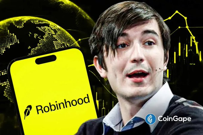A thumbnail from CoinGape featuring a young man next to a yellow smartphone displaying the Robinhood logo, with chart graphics in the background.