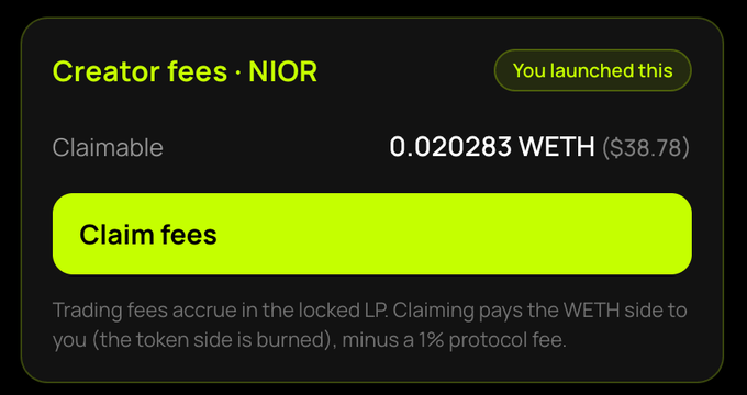 A digital interface showing 'Creator fees · NIOR' with a claimable amount of '0.020283 WETH ($38.78)' and a yellow 'Claim fees' button on a dark background.