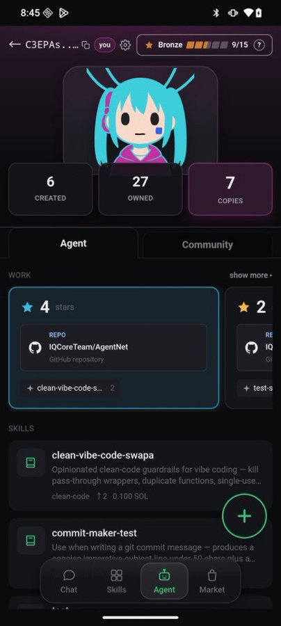 The image shows a mobile interface of an AI agent profile with a Hatsune Miku-style avatar, displaying "6 Created," "27 Owned," and "7 Copies" stats, along with skills like "clean-vibe-code-swapa" and "commit-maker-test" linked to the IQCoreTeam/AgentNet repository with 4 stars. This visually illustrates the post's point about AgentNet's ability to create, own, and share AI agent skills on-chain, as the profile shows exactly the type of portable, platform-independent AI agent the post describes.