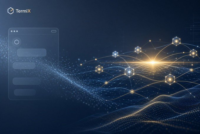 A TermiX branded graphic featuring a stylized UI panel on the left and a network of interconnected glowing hexagons forming a wave-like pattern on the right.