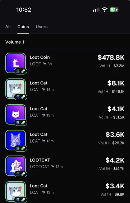 A mobile app screenshot showing a list of crypto coins sorted by volume, highlighting 'Loot Coin' ($478.8K) and multiple 'Loot Cat' variations priced between $3.4K and $8.1K.