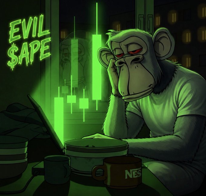 A cartoon illustration of a tired ape (Evil $APE) staring at a laptop displaying green candlestick charts at night, with a 'NES' coffee mug on the desk.