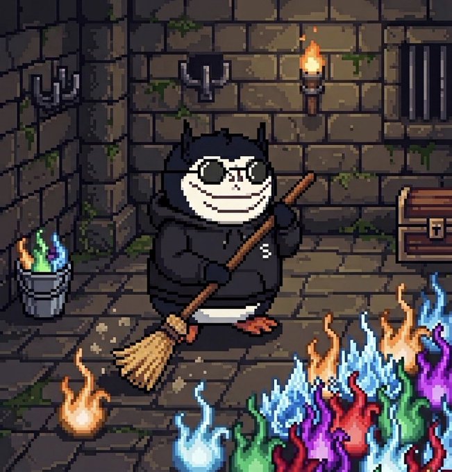 A pixel art penguin in a grimy dungeon setting sweeps the floor with a broom while colorful flames burn around it, visually representing the "sweeping your own NFT" concept with the fiery wisps serving as the collected tokens.