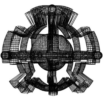 A black and white wireframe illustration of a complex, symmetrical mechanical structure or spherical design on a white background.