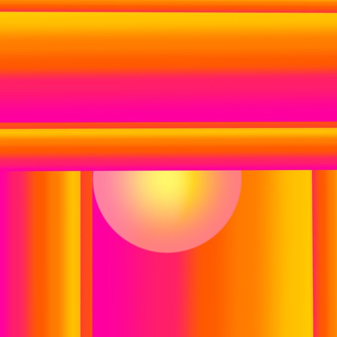 An abstract digital artwork featuring horizontal bands of yellow, orange, and magenta at the top, with a glowing yellow-orange sun-like circle below against a gradient background.