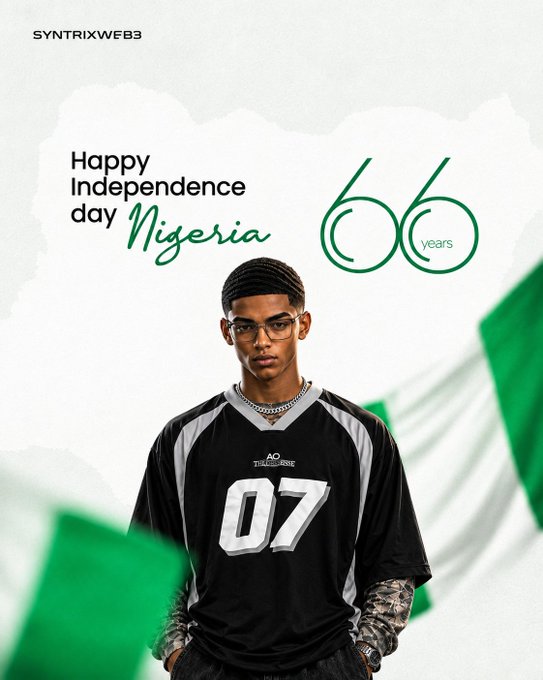 A graphic design features a young man in a black '07' jersey against a Nigerian flag, with the text 'Happy Independence day Nigeria' and '66 years'.