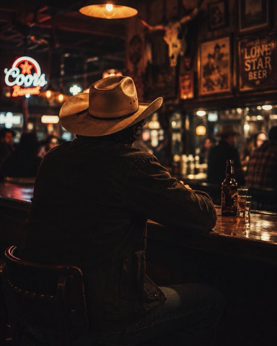 A lone cowboy in a wide-brimmed hat sits at a dimly lit bar, his back to the viewer, with a "Coors" neon sign glowing on the left and a "Lone Star Beer" sign on the right. The moody, atmospheric scene perfectly captures the quiet, reflective vibe of a Monday night, fitting the post's invitation to share leisurely pastimes.
