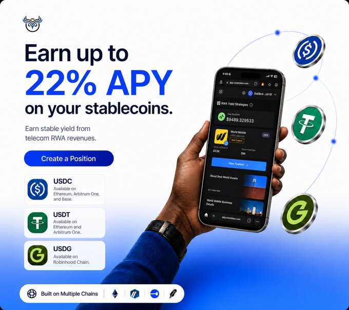 Promotional graphic offering 'Earn up to 22% APY on your stablecoins' from telecom RWA revenues, showing a hand holding a smartphone displaying the app interface.