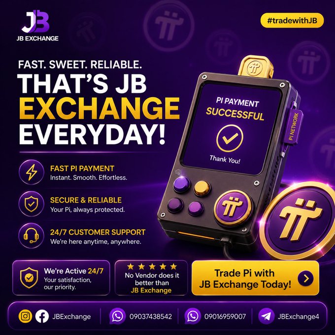 A purple promotional graphic for 'JB EXCHANGE' advertises fast and reliable Pi payments with a handheld device graphic and contact details.