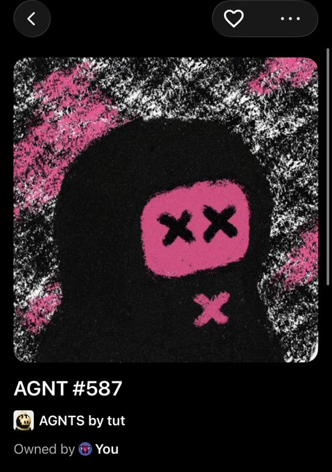 A digital NFT artwork titled "AGNT #587" from the "AGNTS by tut" collection, featuring a black hooded figure with a pink face displaying X's for eyes and mouth, surrounded by a grungy black and white textured background with pink accents. The artwork relates to the post celebrating the successful minting of an AGNT Social NFT, capturing the stressful yet rewarding milestone.