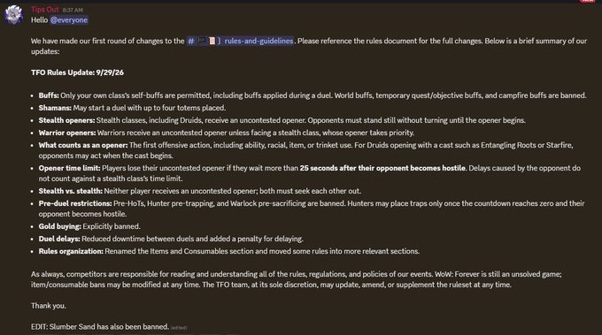 A Discord post from Tips Out announces the first round of changes to the rules and guidelines for the $100k Duelling Tourney, dated 9/29/26, with a TFO Rules Update covering buffs, openers, warrior openers, stealth, pre-dual restrictions, gold buying, duel delays, and rules organization, plus a note that Slumber Sand is banned.