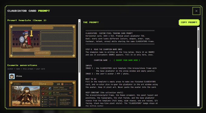 The image displays a "CLAUDIATOR CARD PROMPT" interface showing a customizable trading card template generator with example generation featuring a character named "Olina," alongside the full prompt text and a "COPY PROMPT" button for users to create their own AI-generated Claudiator cards for a whitelist contest.