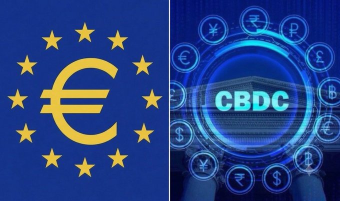 The image is split: the left side shows the euro symbol (€) surrounded by the EU's circle of yellow stars on a blue background, representing the European Union's currency, while the right side features the text "CBDC" surrounded by various global currency symbols and the Bitcoin (₿) logo on a digital blue interface. Together, they illustrate the post's contrast between the US banning CBDCs and Europe actively developing a digital euro.