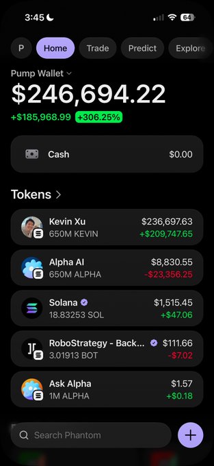 The image shows a Phantom wallet interface displaying a portfolio balance of $246,694.22 (+306.25%), with the largest holdings being "Kevin Xu" ($236,697.63) and "Alpha AI" ($8,830.55), supporting the post's celebration of gains and reference to the $ALPHA token.