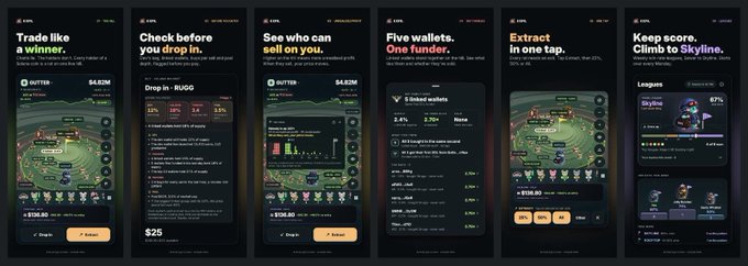 A series of six mobile app screens displays a poker/gambling application with headlines like 'Trade like a winner', 'Check before you drop in', 'See who can sell on you', 'Five wallets. One funder.', 'Extract in one tap', and 'Keep score. Climb to Skyline', showing a $4.62M pot.