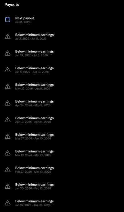 A mobile app payouts screen showing 'Next payout' on Jul 31, 2026, followed by multiple entries of 'Below minimum earnings' spanning from January to July 2026.